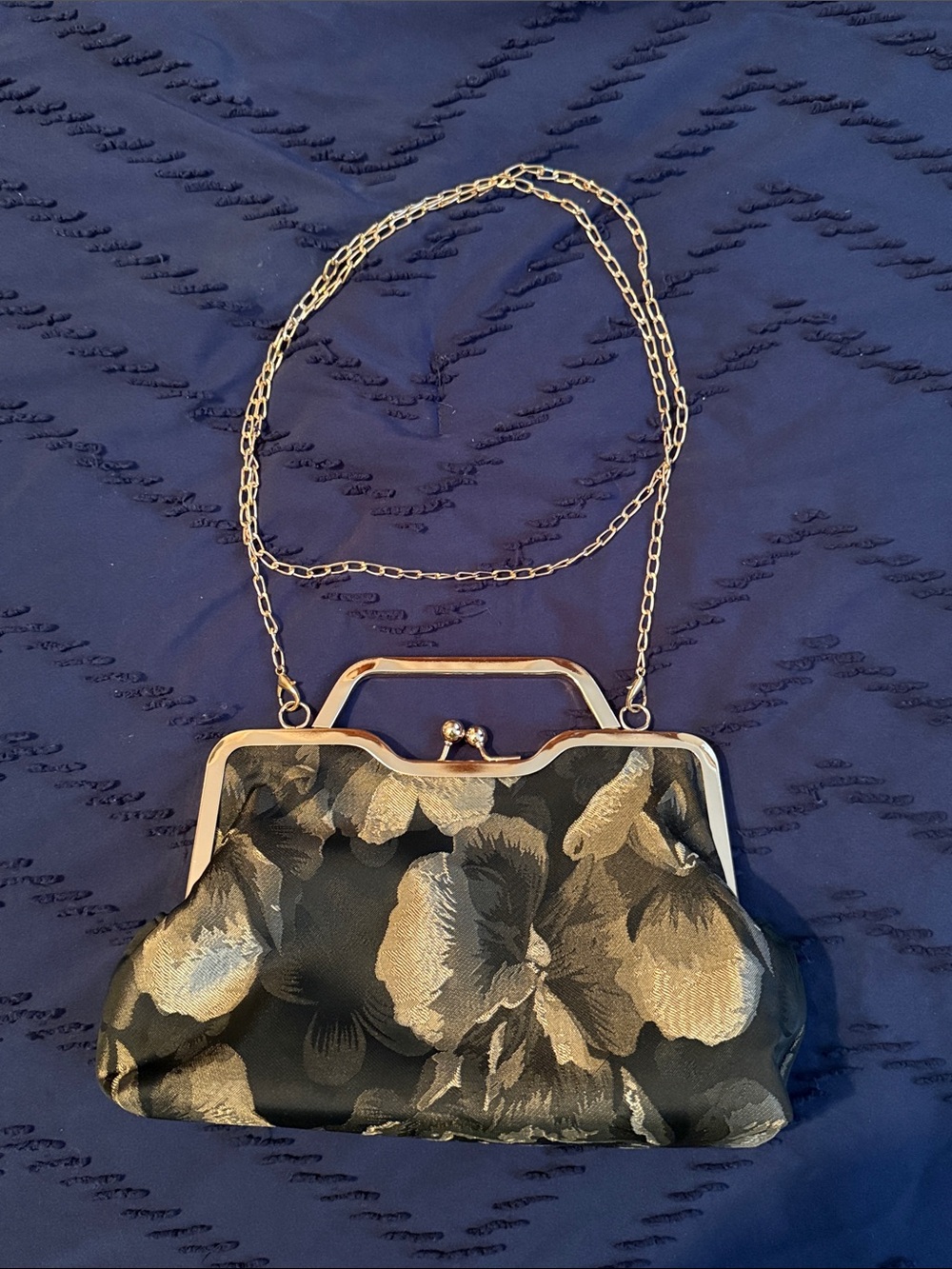 Elegant Black & Gold Floral Evening Clutch with Chain Strap